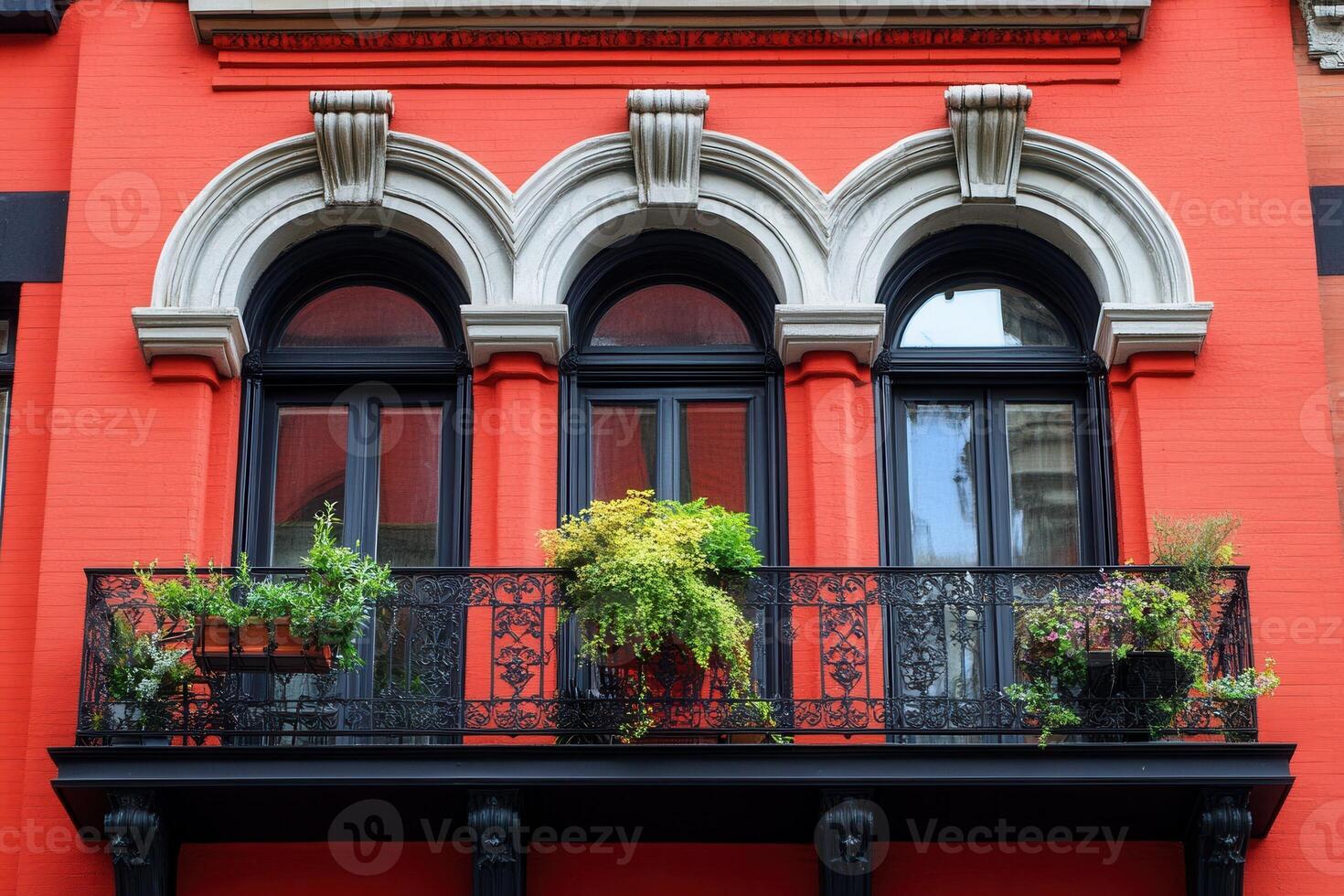 Three arched windows with balconies and potted plants on a red building facade. photo