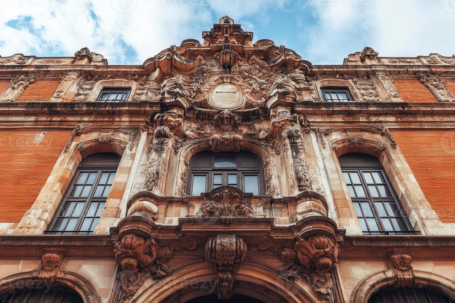 Ornate facade of an old building with intricate stonework. photo