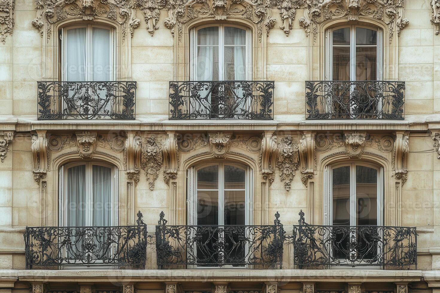 A close-up of the ornate facade of a building with three balconies and six windows. photo
