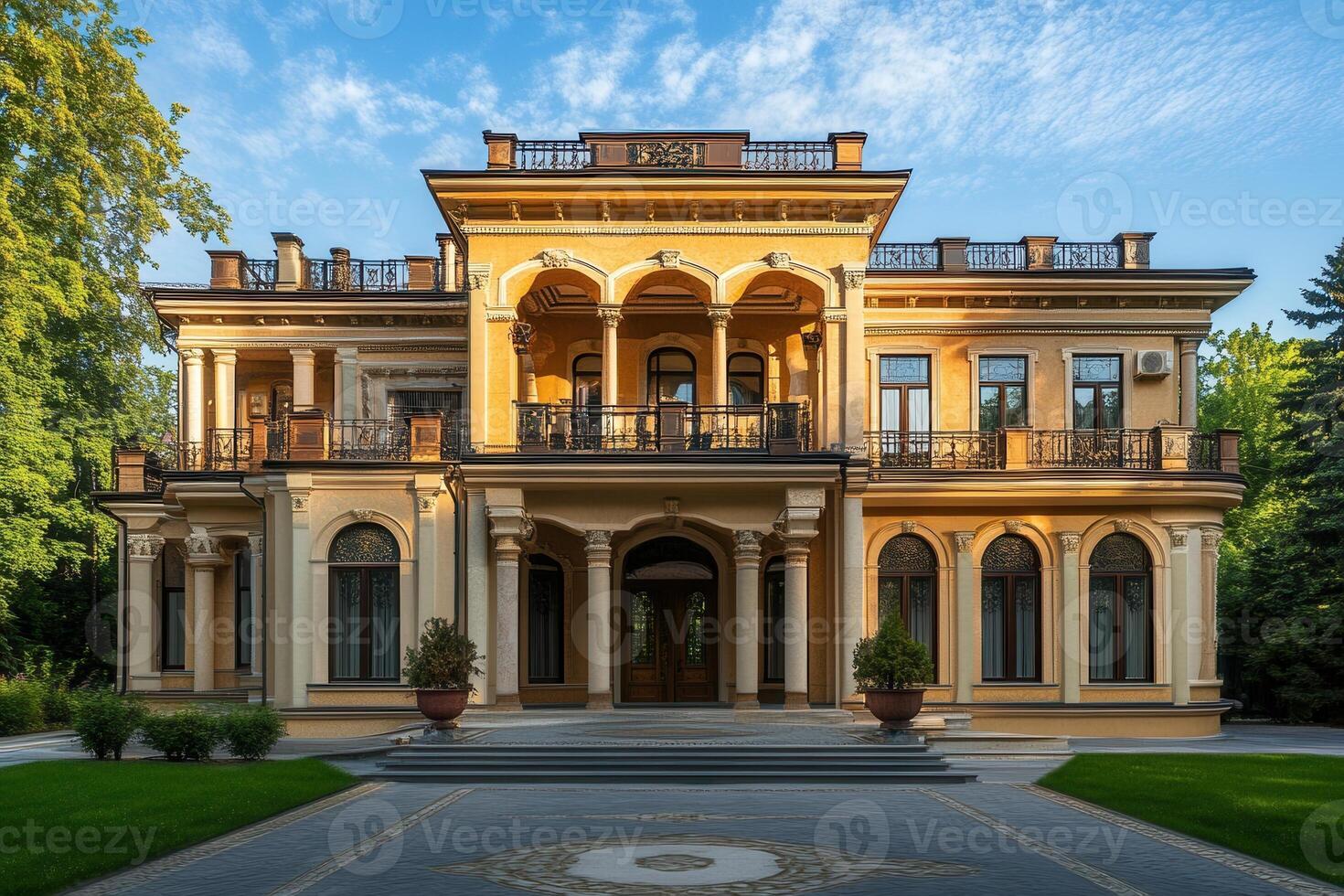 A grand yellow mansion with arched windows and a balcony, set against a backdrop of lush greenery. photo