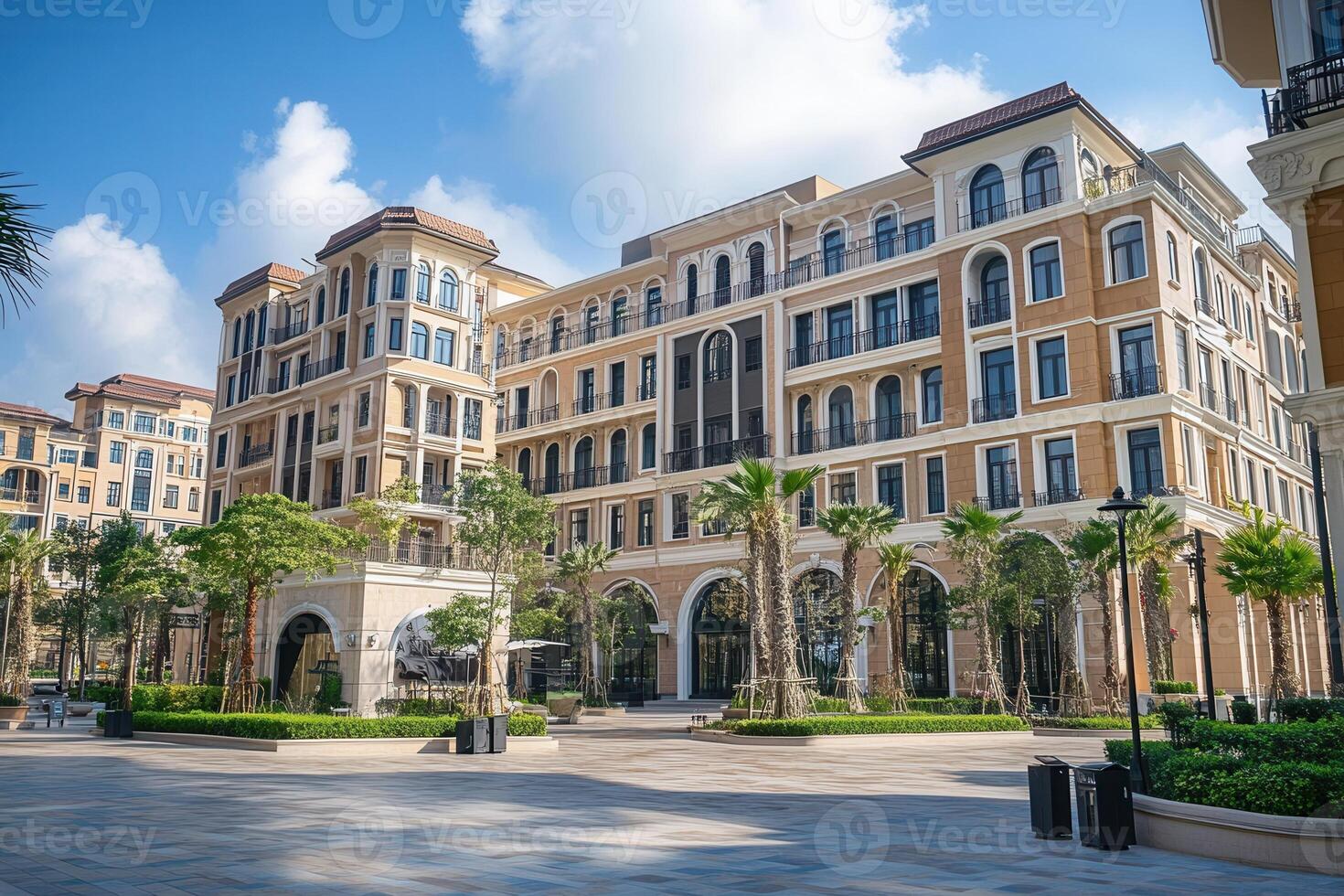 A modern and luxurious apartment building with a beautiful courtyard in a tropical city. photo