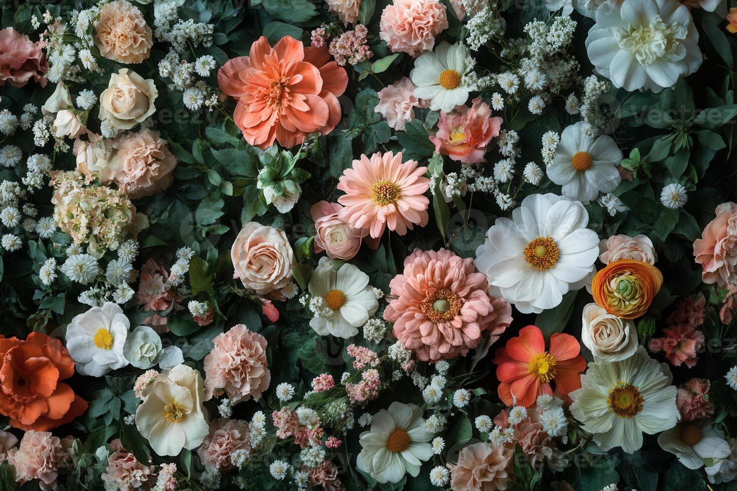 A beautiful floral arrangement with various flowers in soft peach and white tones with greenery. photo