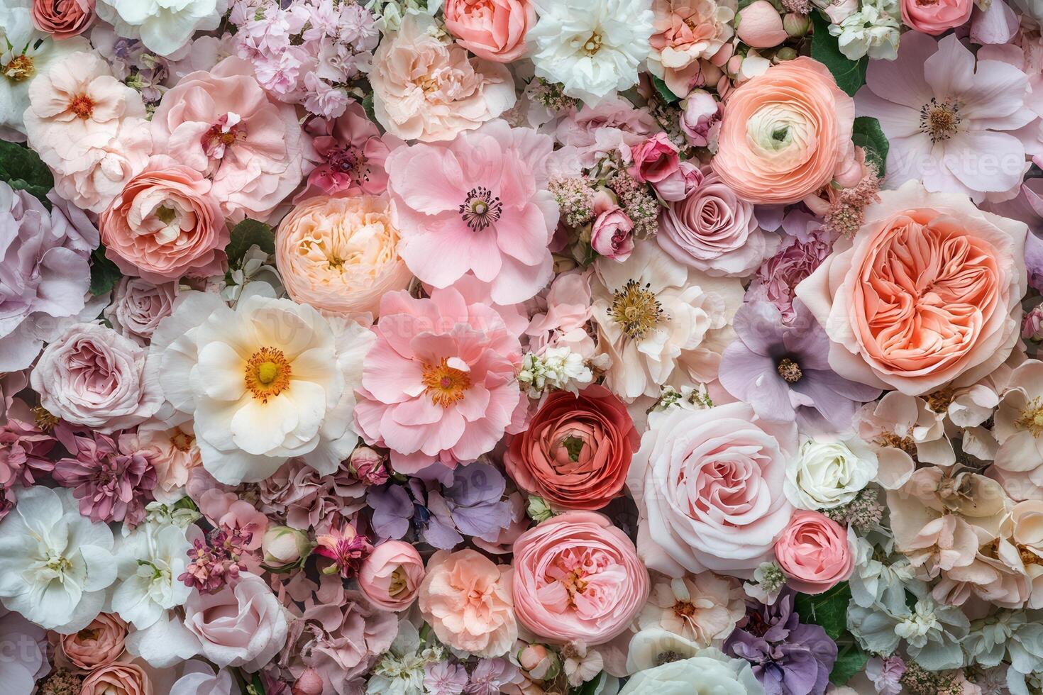 A close-up shot of a floral arrangement featuring an array of delicate pink, peach, and white flowers. photo