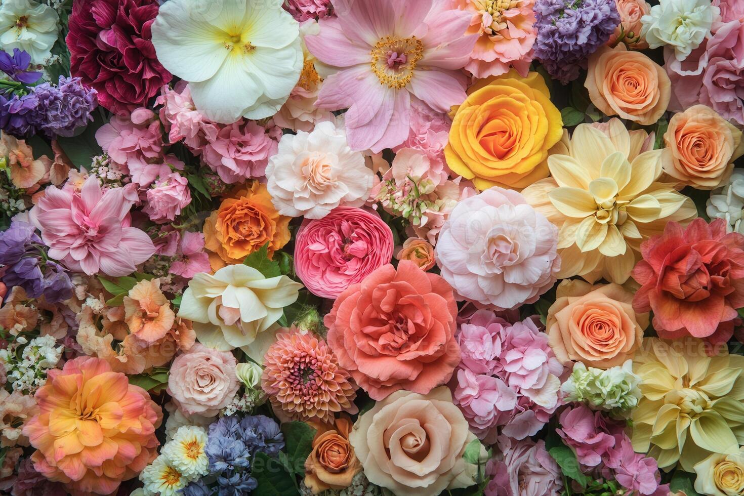 A close-up view of a vibrant floral arrangement, showcasing a multitude of colorful blooms. photo