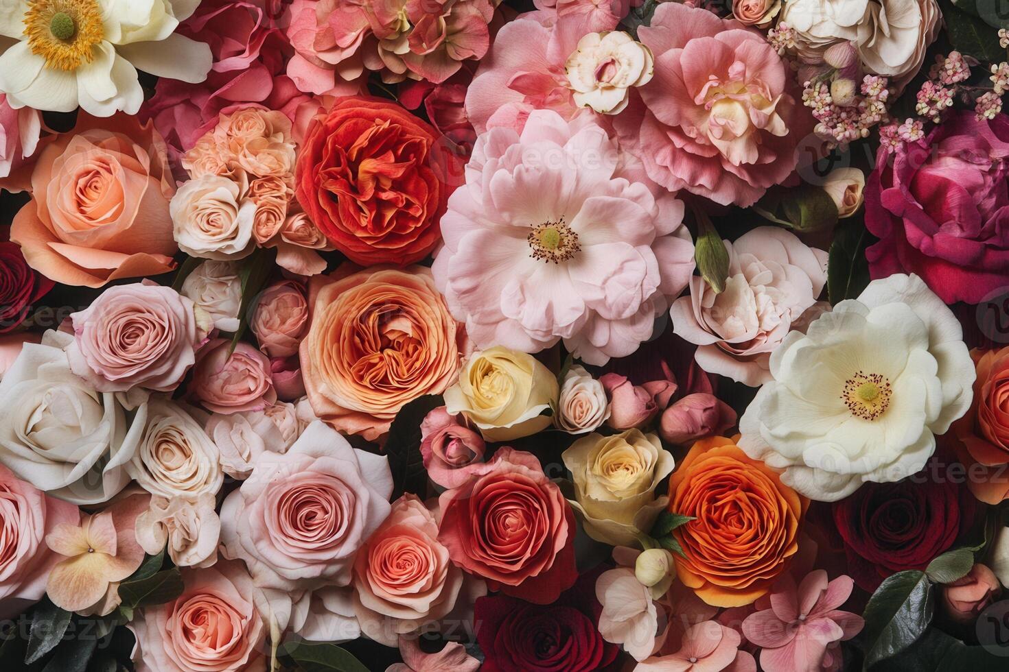 A colorful and vibrant floral background featuring an assortment of roses, peonies, and other blooms in various shades of pink, red, orange, and white. photo