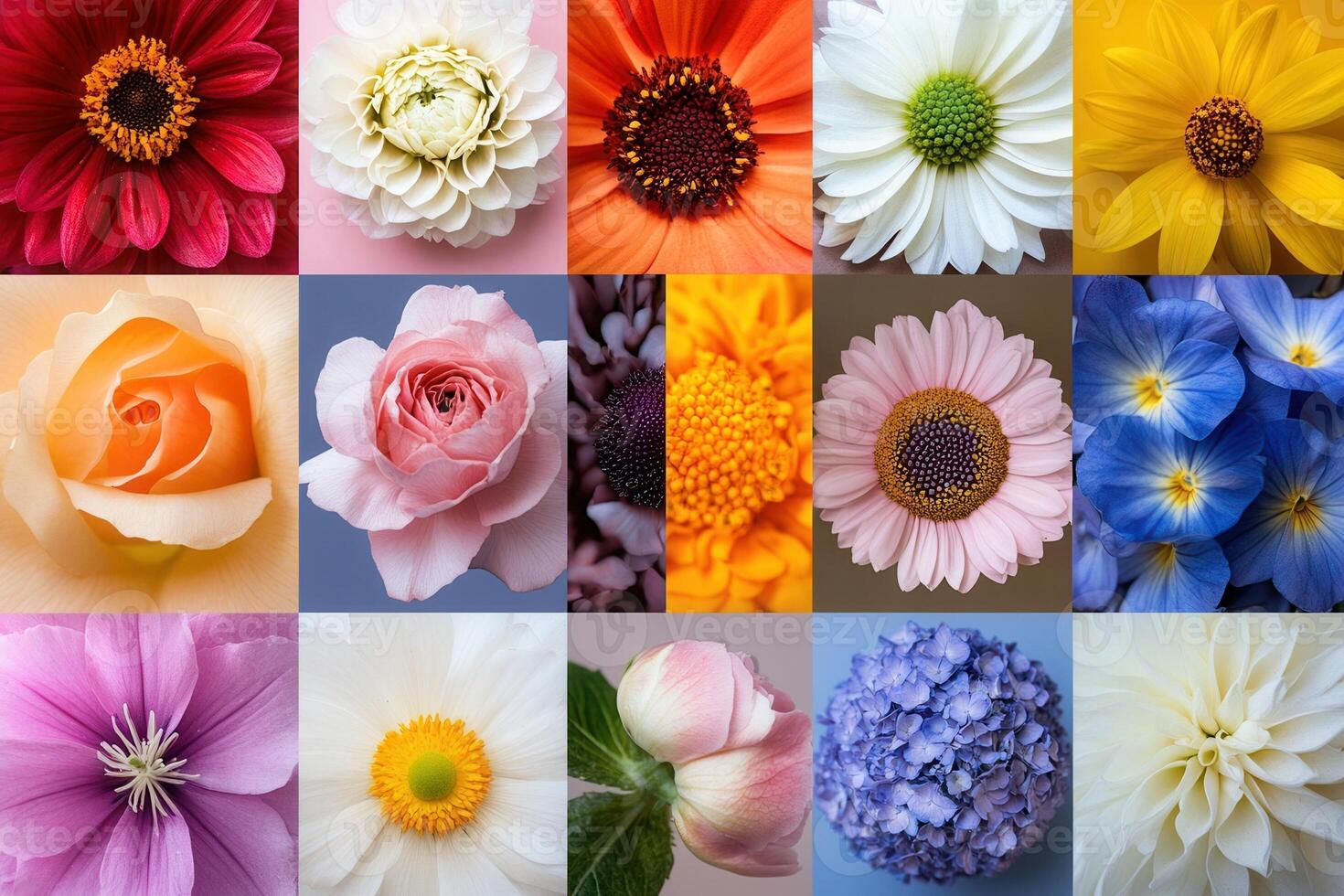 A colorful collection of 15 close-up flower images in a grid pattern. photo