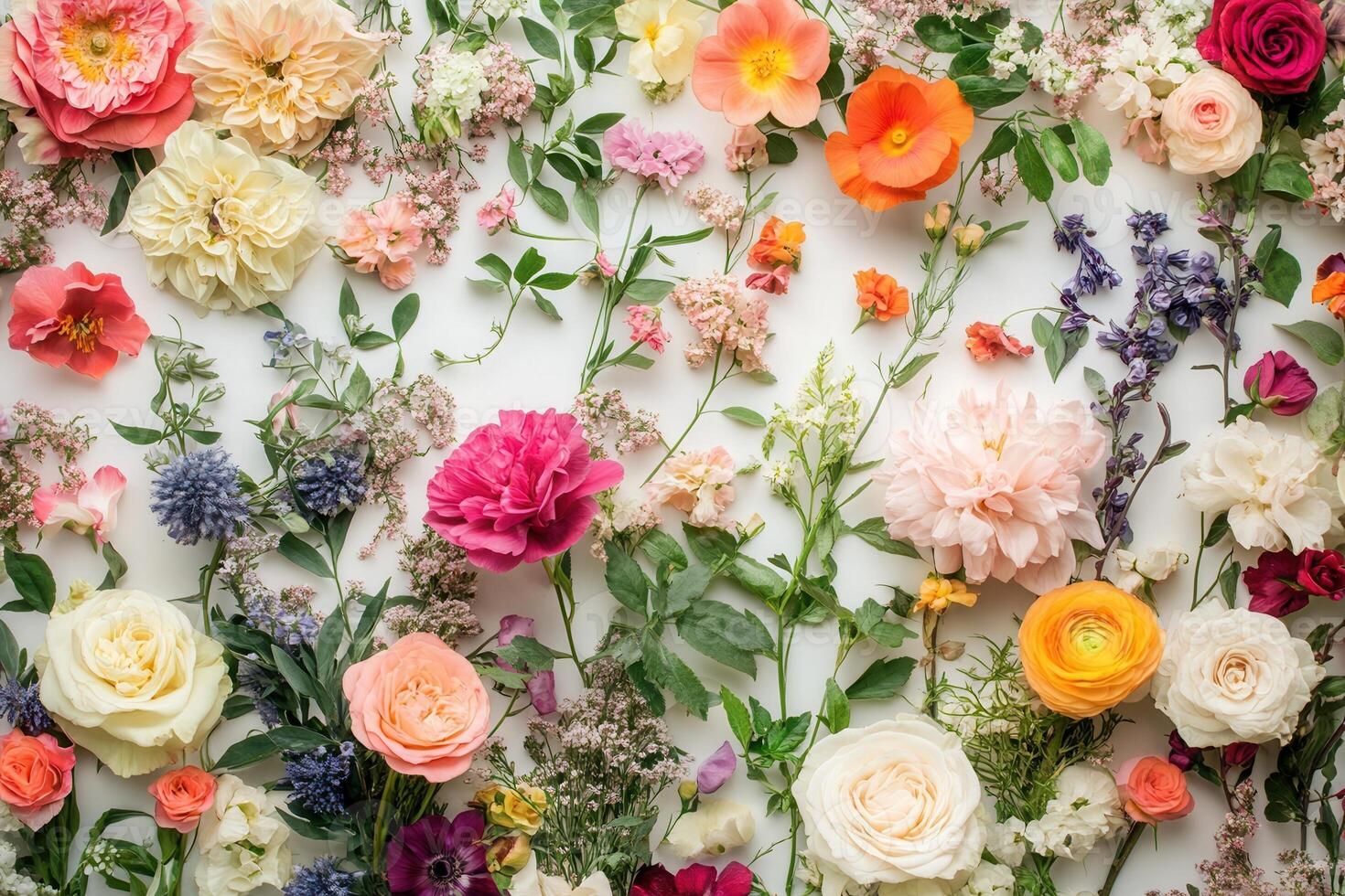 A colorful arrangement of various flowers and greenery on a white background. photo