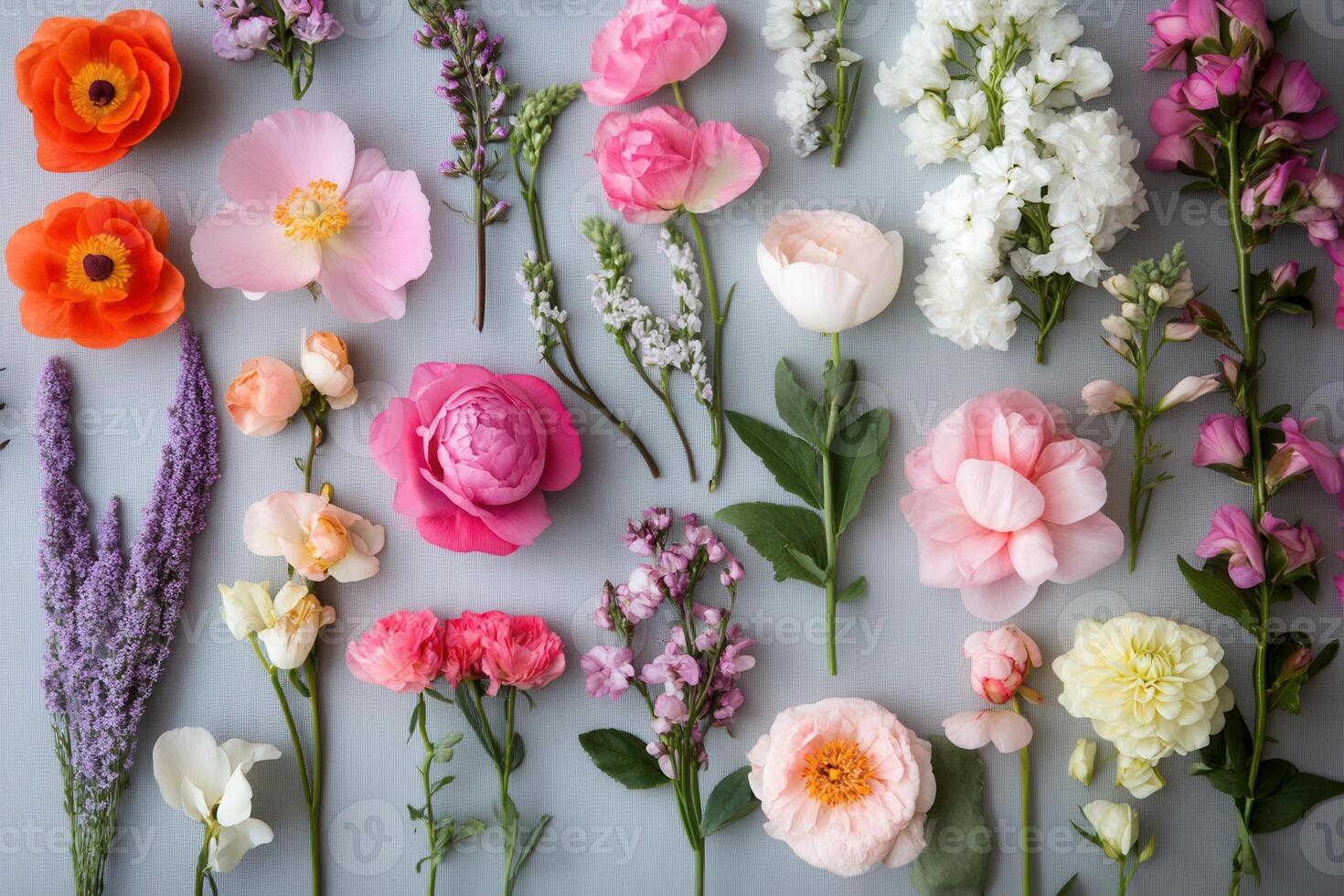A flat lay of various colorful flowers on a gray background. photo
