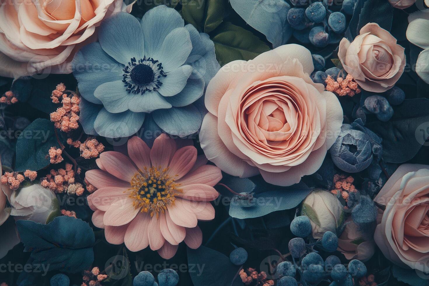 A delicate arrangement of pink and blue flowers with eucalyptus leaves. photo