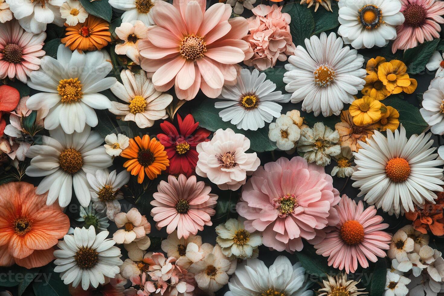 A vibrant and colorful floral arrangement featuring a variety of flowers, including daisies, zinnias, carnations, and other blooms, creating a beautiful and visually appealing backdrop. photo