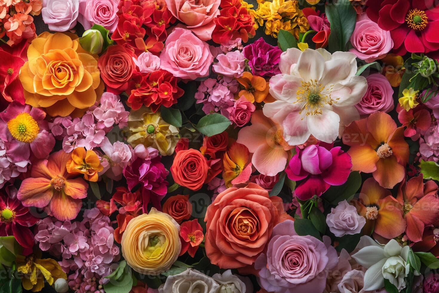 A vibrant and colorful mix of various flowers and greenery. photo