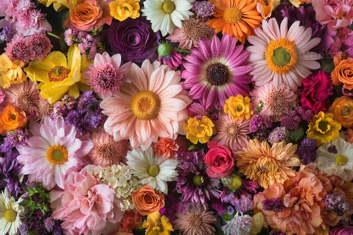 A vibrant array of colorful flowers arranged in a beautiful floral pattern. photo