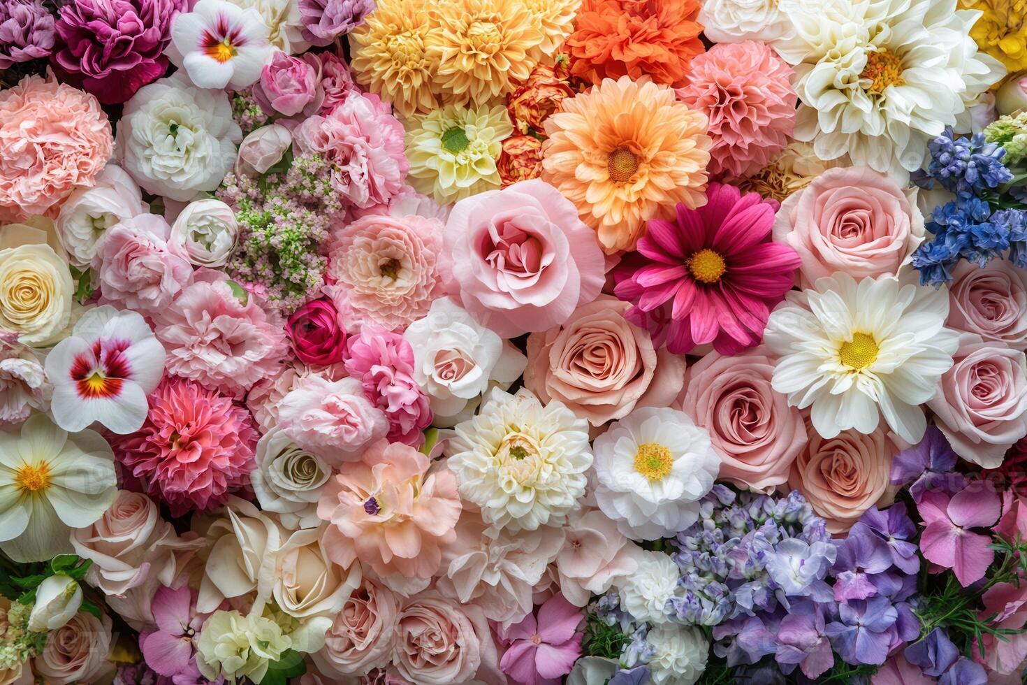 A vibrant collection of colorful flowers arranged in a beautiful pattern. photo