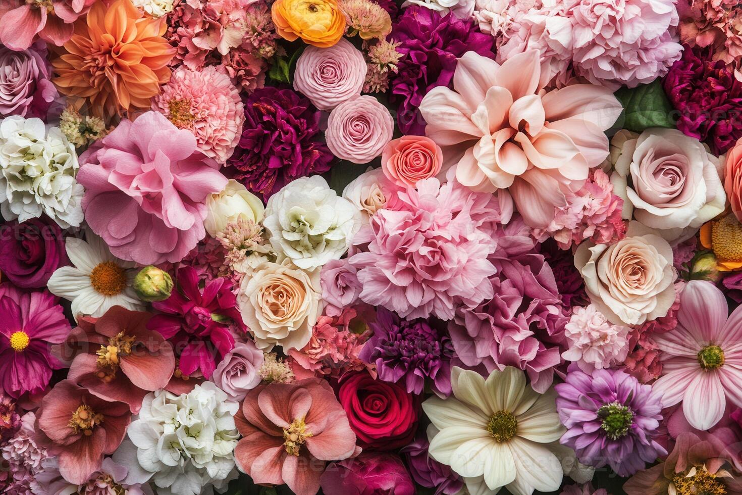 A vibrant and colorful close-up of a variety of pink, red, and white flowers arranged in a seamless pattern. photo