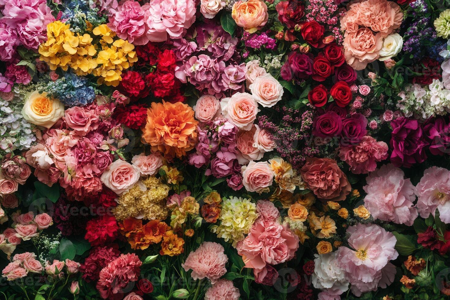 A vibrant floral wall featuring an array of colorful blooms, including roses, carnations, hydrangeas, and peonies, creating a stunning and textured backdrop. photo