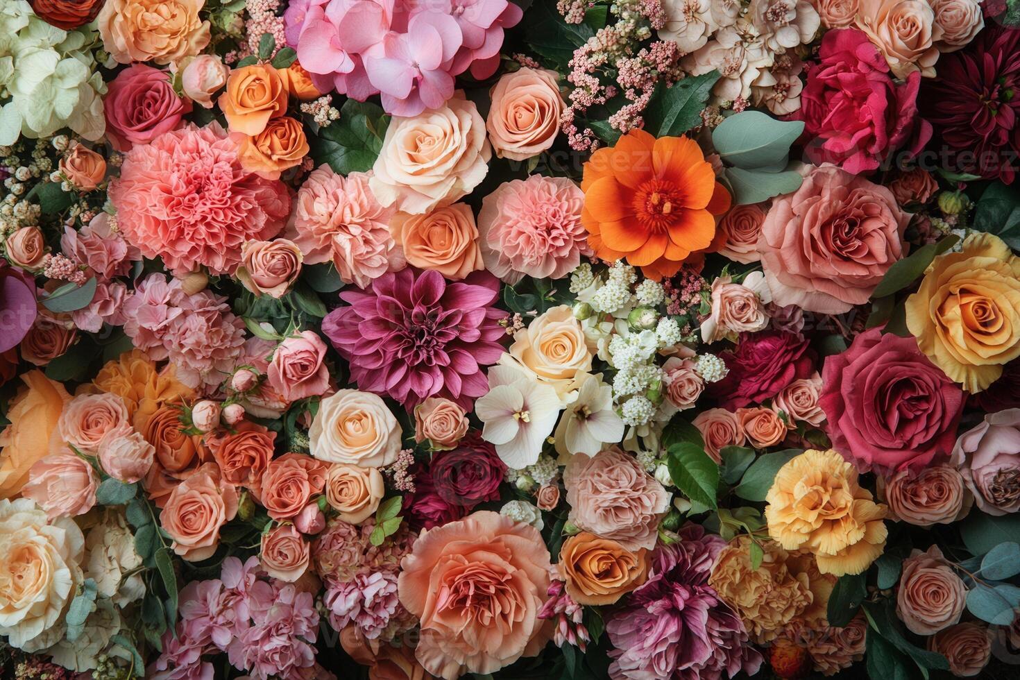 A vibrant floral wall with assorted flowers in various colors, perfect for a wedding or event backdrop. photo