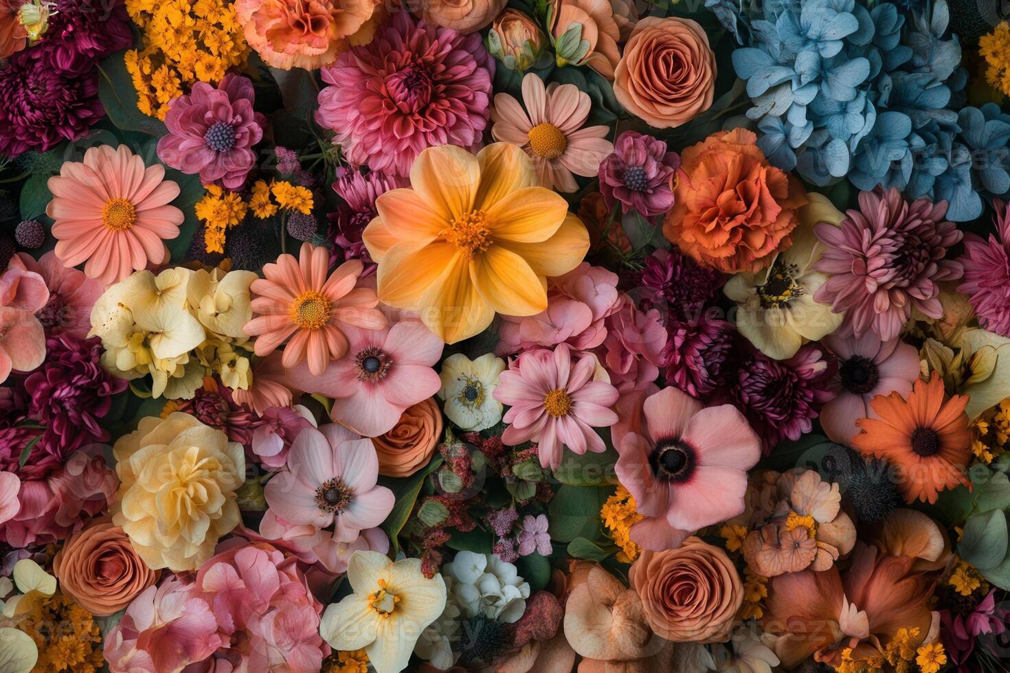 A vibrant and colorful floral arrangement with a variety of blooms. photo