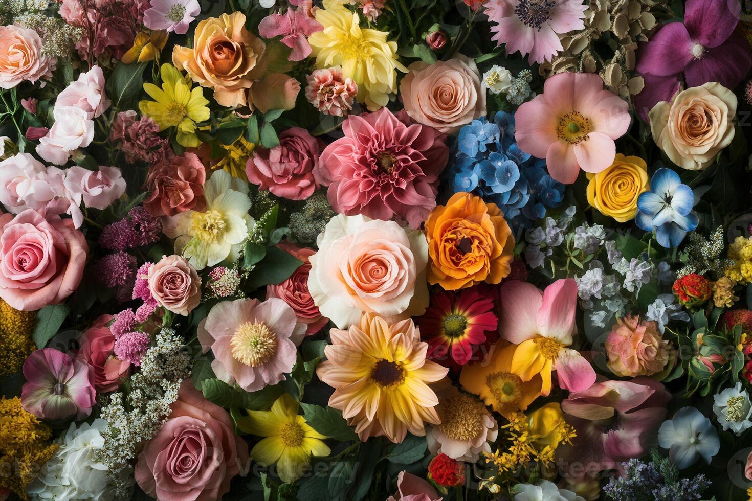 A vibrant display of various flowers in an overhead view. photo