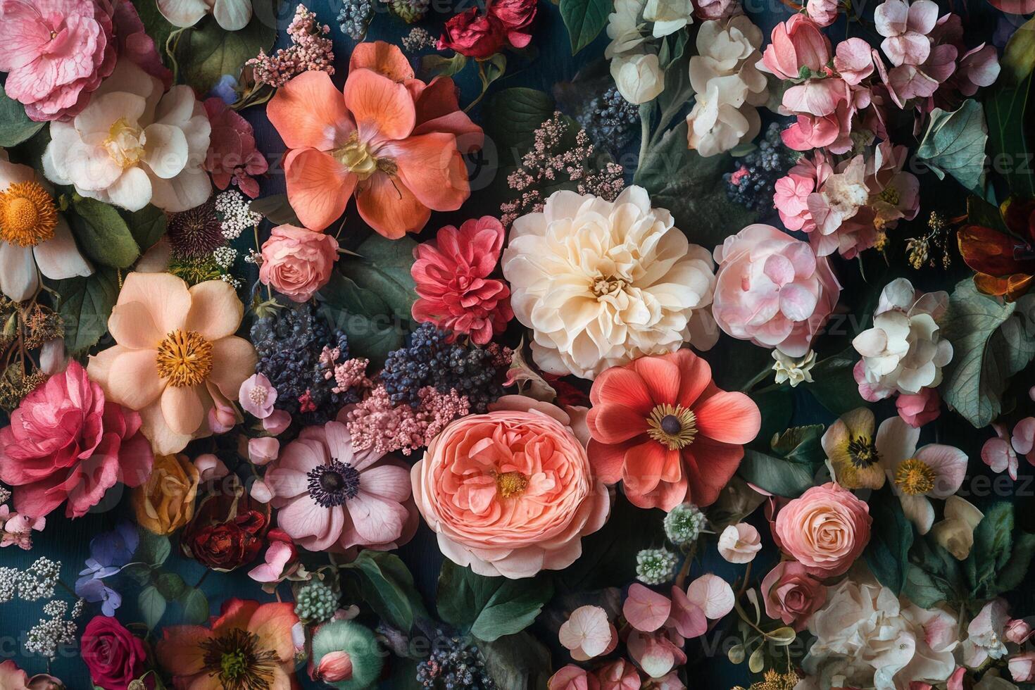 A vibrant floral arrangement featuring various pink, red, and orange flowers with green leaves, petals, and berries on a dark blue background. photo