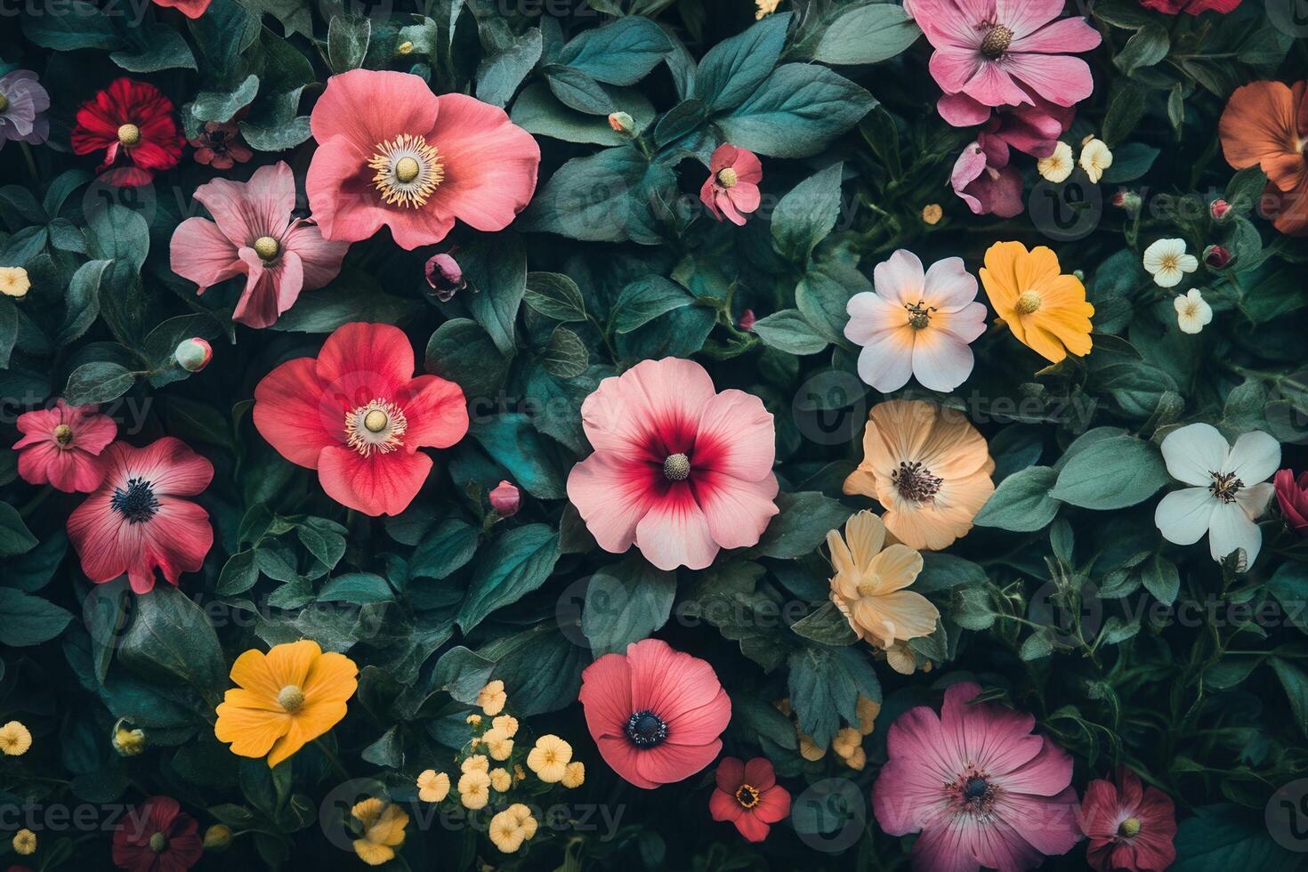 A vibrant floral arrangement with various colorful flowers and green leaves. photo