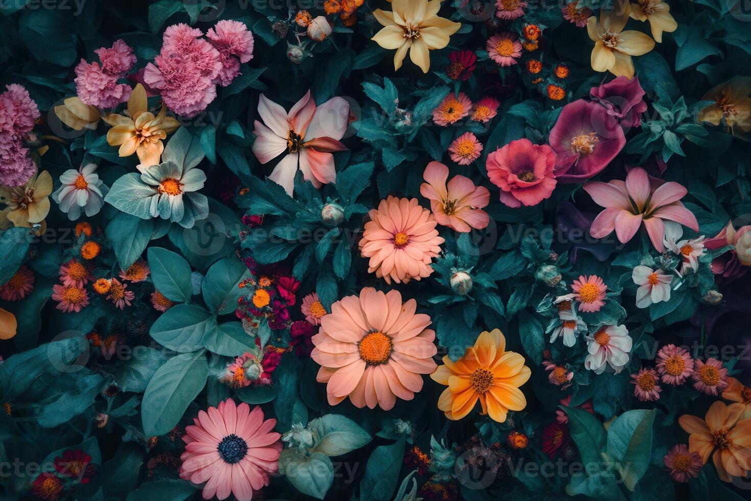 A vibrant floral background featuring a variety of colorful flowers and lush greenery. photo