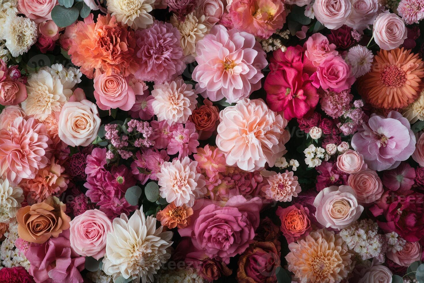 A vibrant floral background with roses, carnations, dahlias, and other blossoms in a mix of pink, red, and white hues. photo