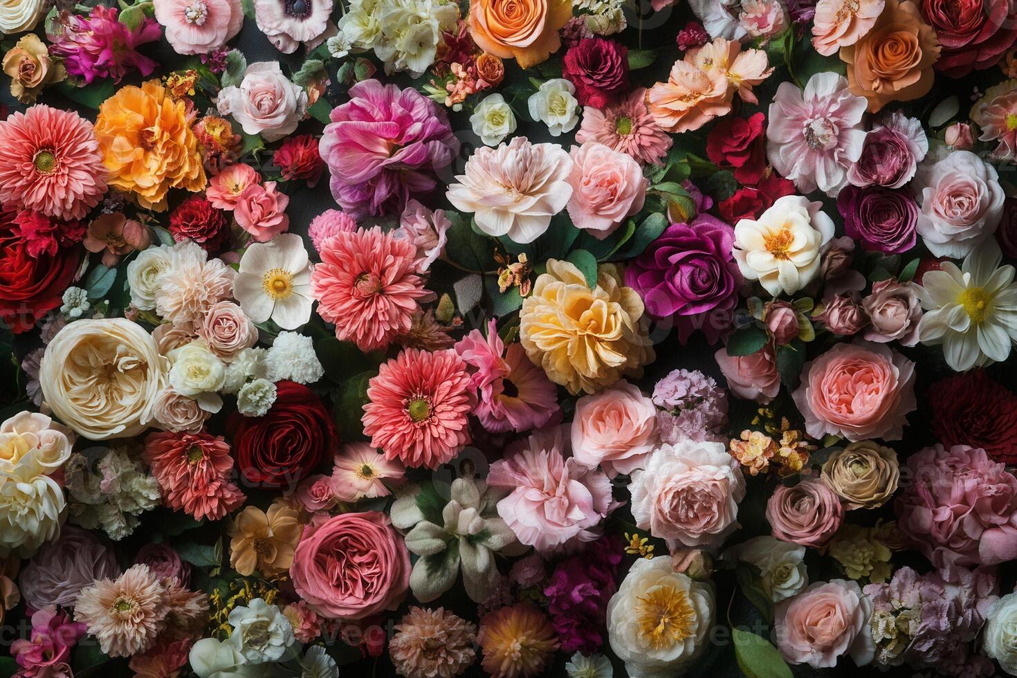 A vibrant mix of colorful flowers arranged in a flat lay composition. photo