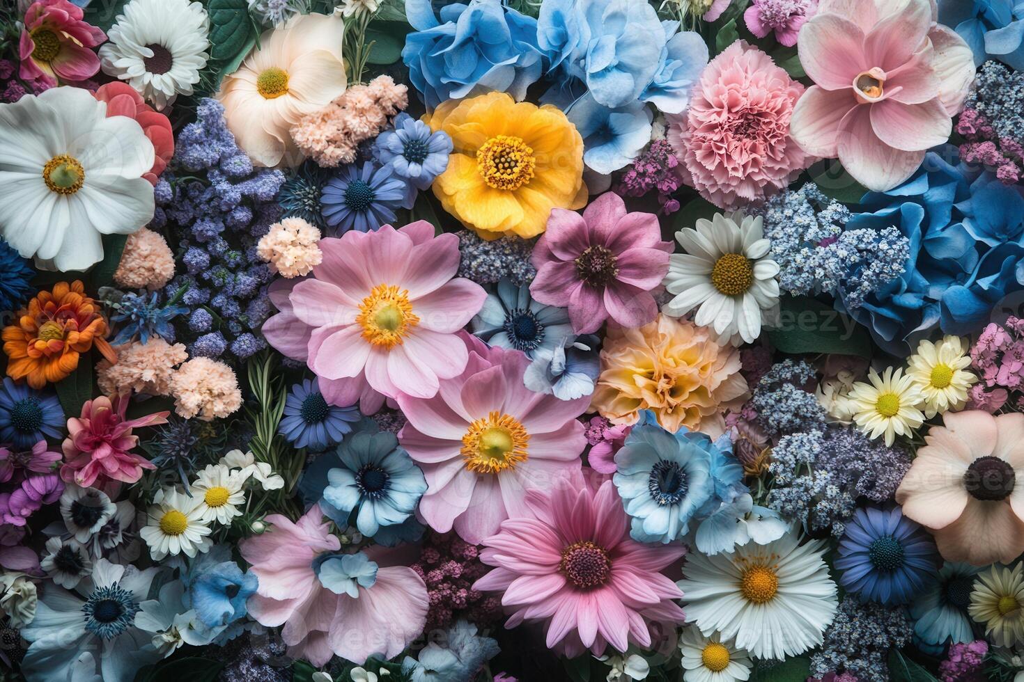 A vibrant tapestry of colorful flowers, blooming in full splendor, forming a beautiful and fragrant background. photo