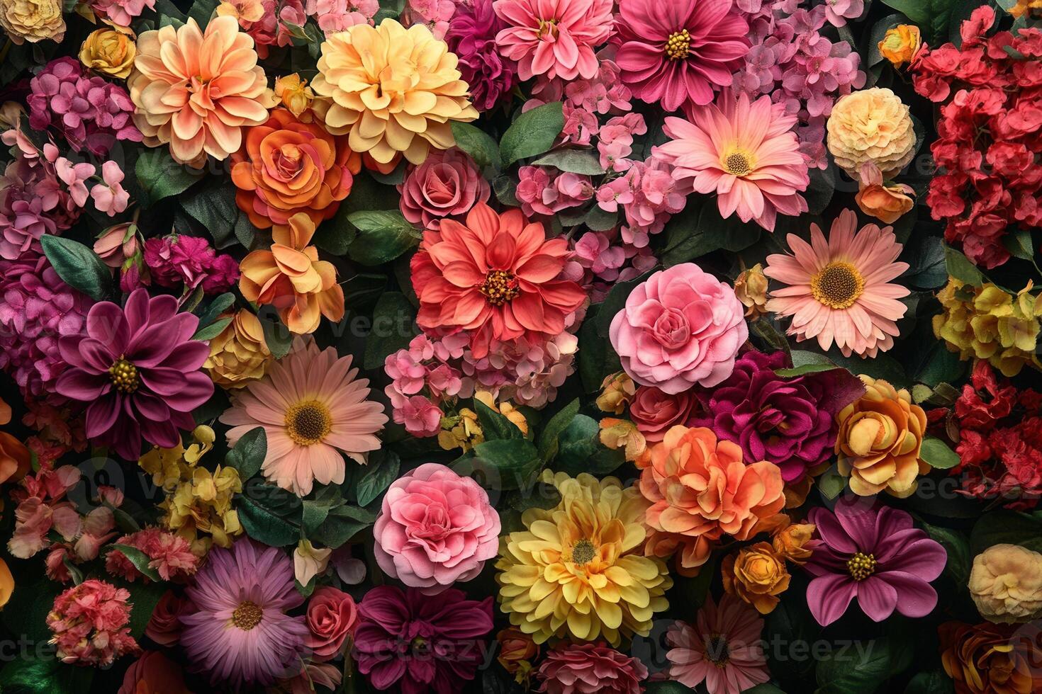 A large group of colorful flowers are arranged on a black background photo
