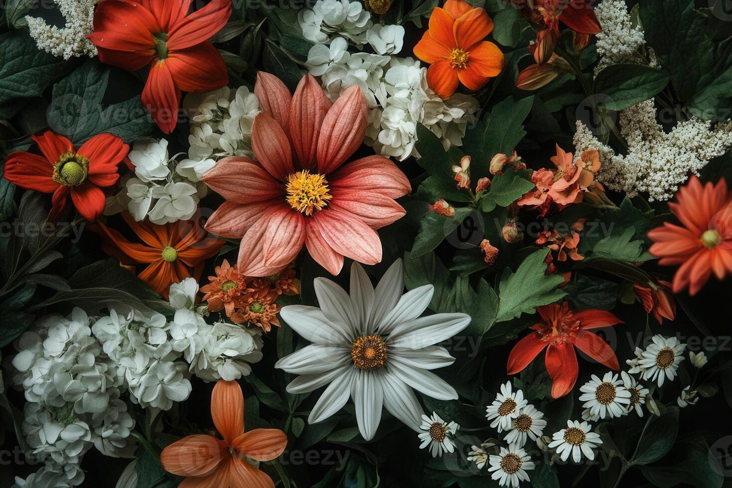 Close-up shot of a colorful bouquet of various flowers with green leaves. photo