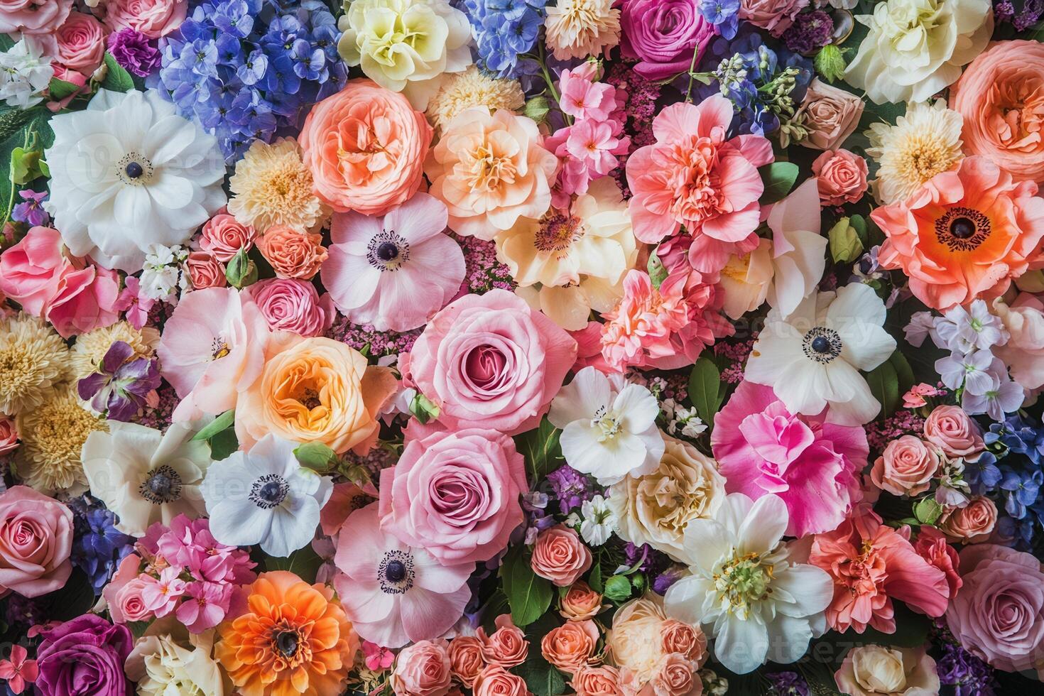 A large arrangement of flowers is shown photo