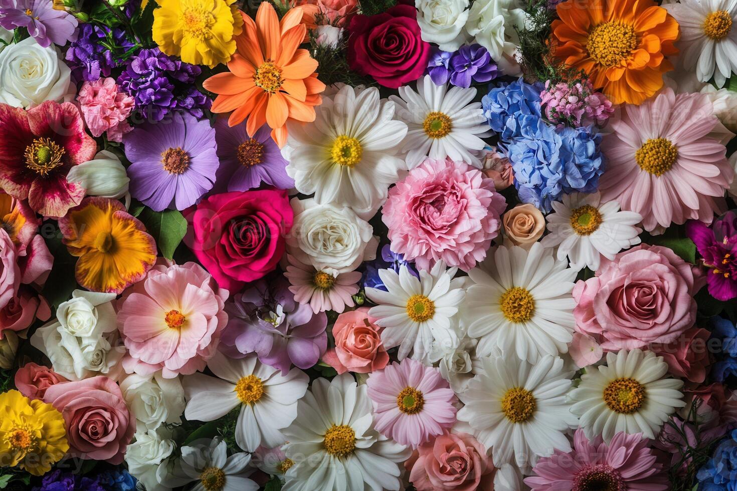 Colorful floral background with various flowers. photo