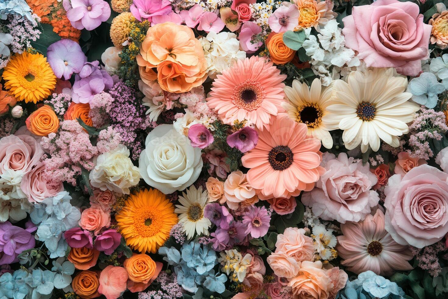 A large variety of flowers are arranged in a large arrangement photo
