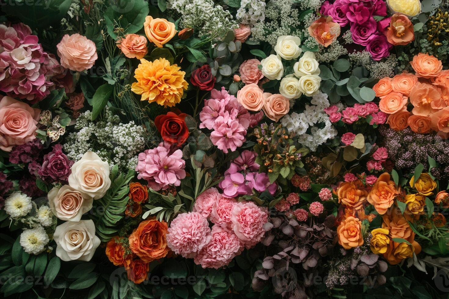 Colorful flower wall with various blooms in vibrant hues. photo