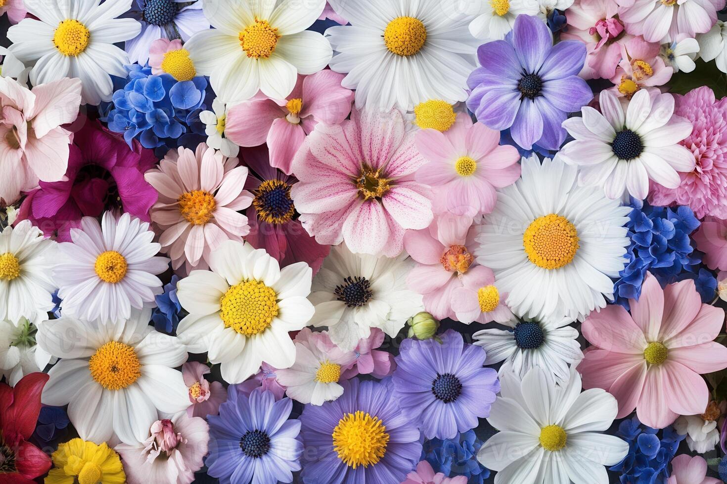 Colorful flower background with daisies, pink and purple wildflowers. photo
