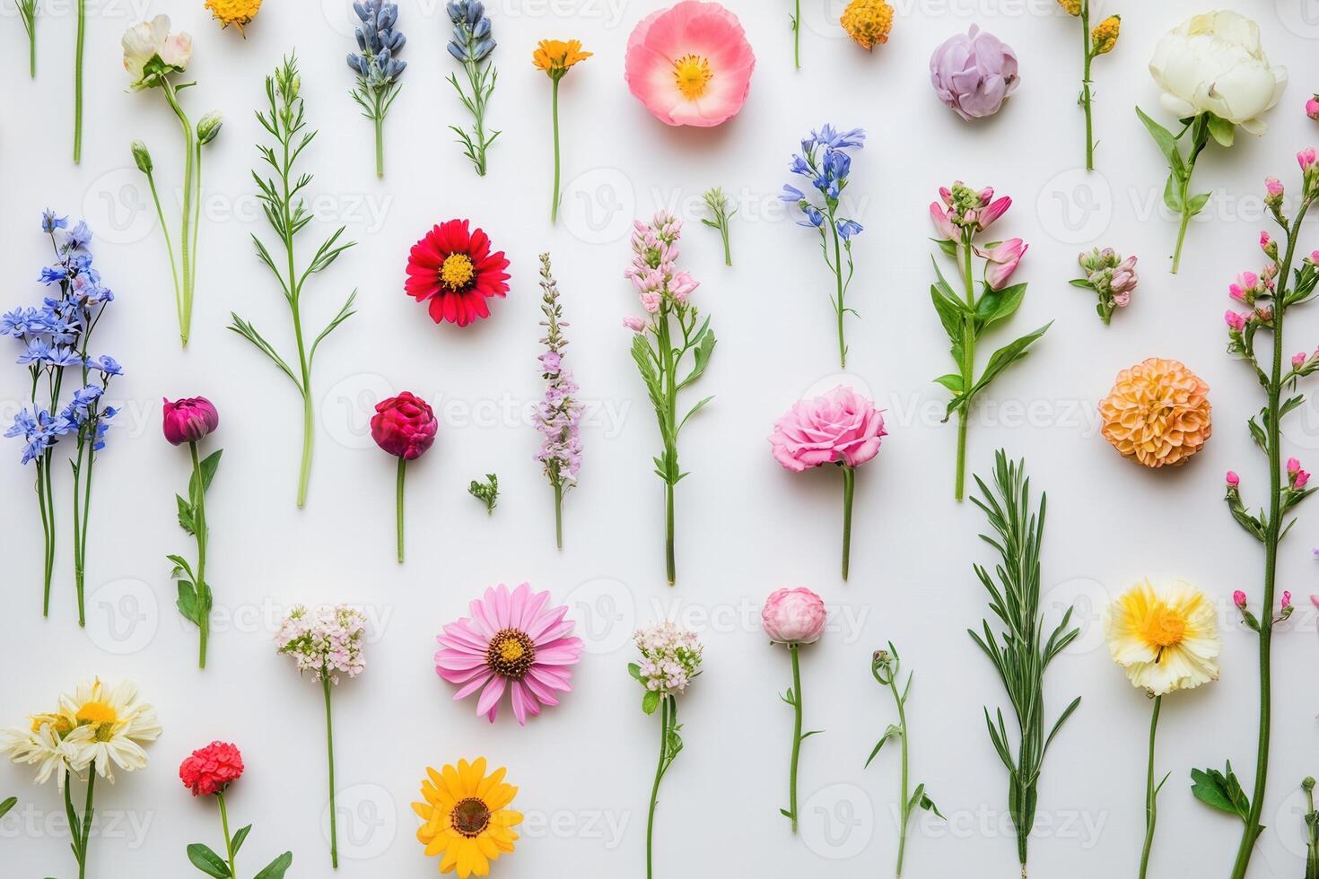 Colorful flower stems arranged in a grid pattern on white background. photo