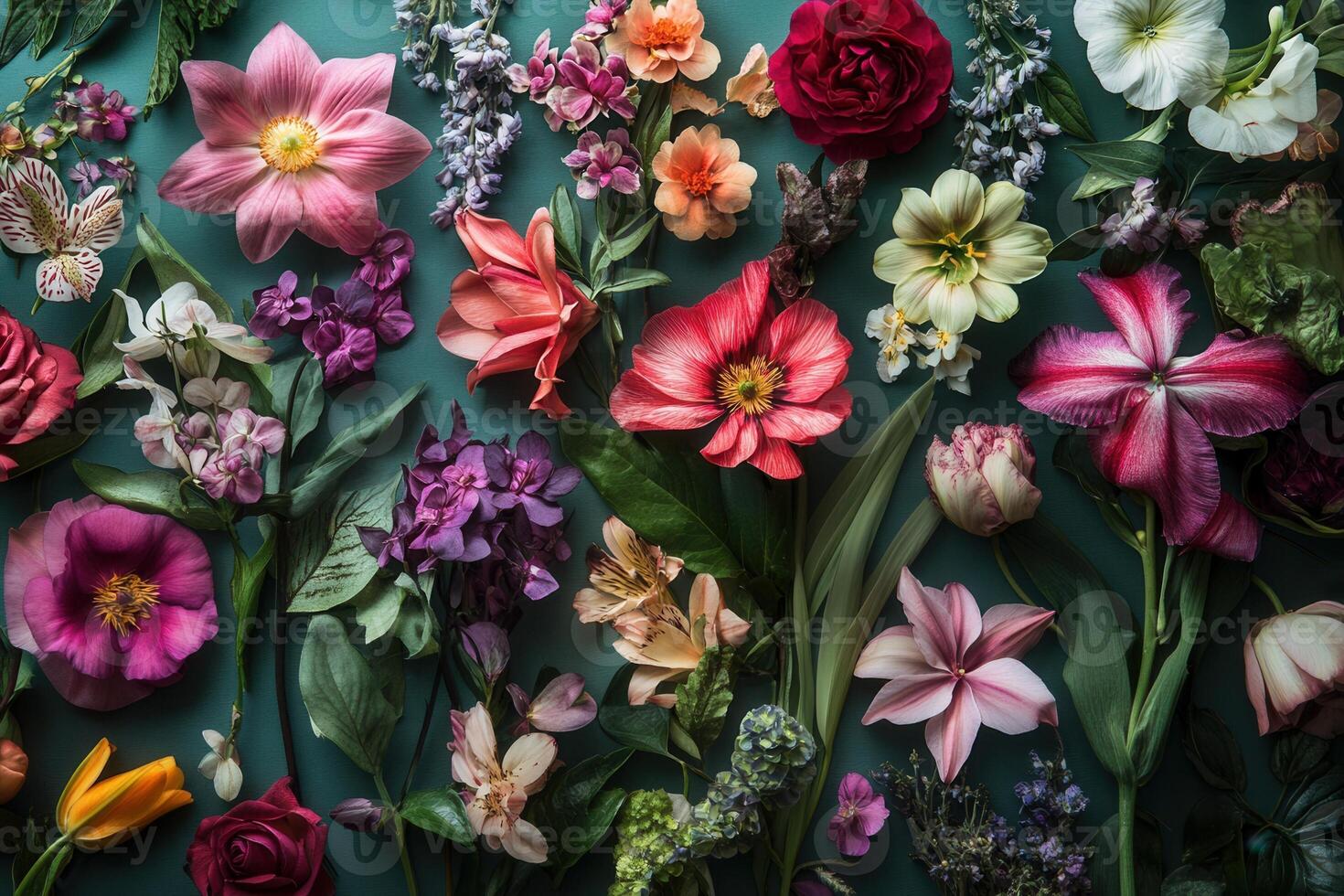 Colorful flowers and greenery arranged on a teal background. photo