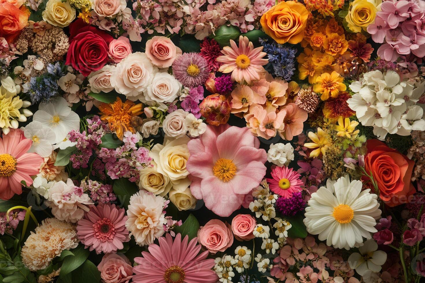 Colorful floral arrangement with various blooms and greenery. photo