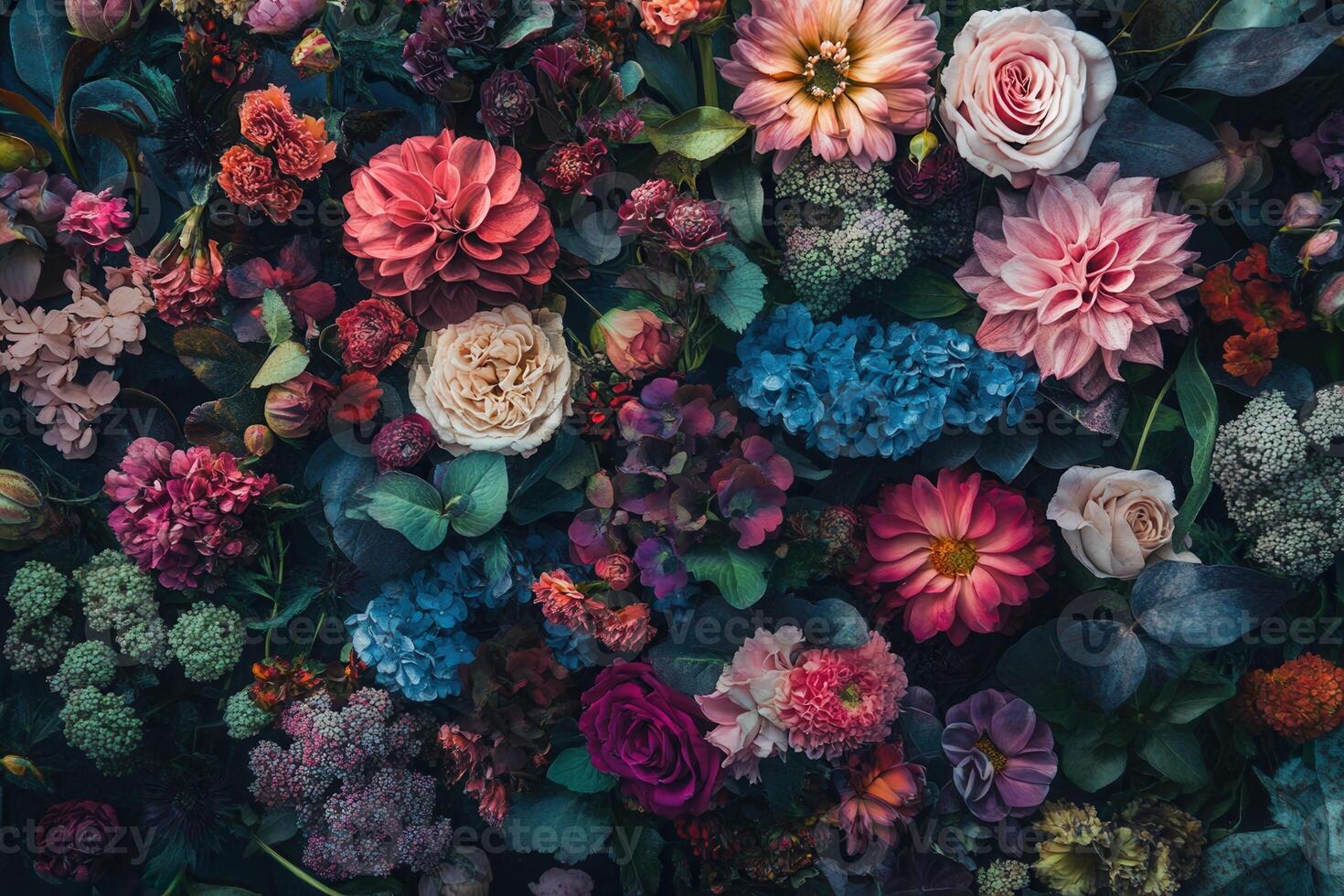 Colorful floral arrangement with various flower types in pink, purple, blue, and red hues. photo