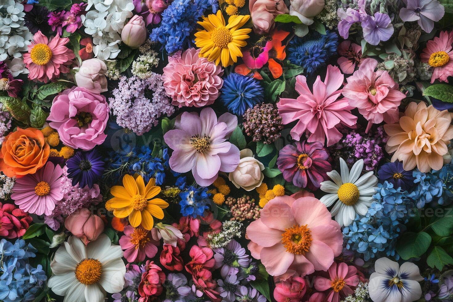 Colorful vibrant flower arrangement with multiple types of flowers. photo