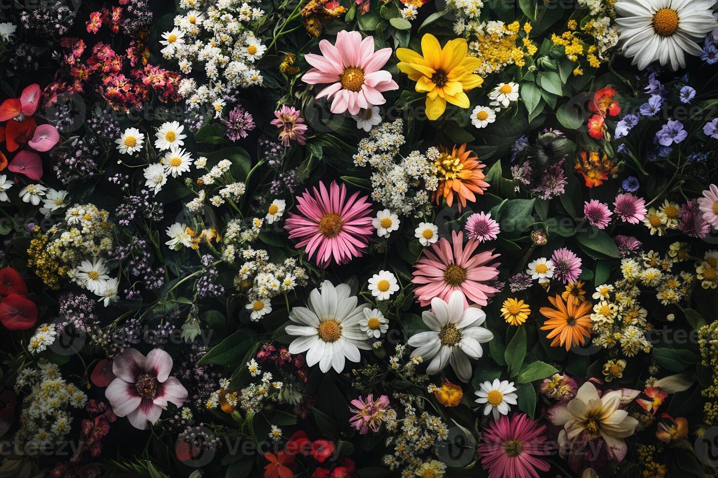 Colorful wildflowers arranged in a beautiful, dense pattern. photo