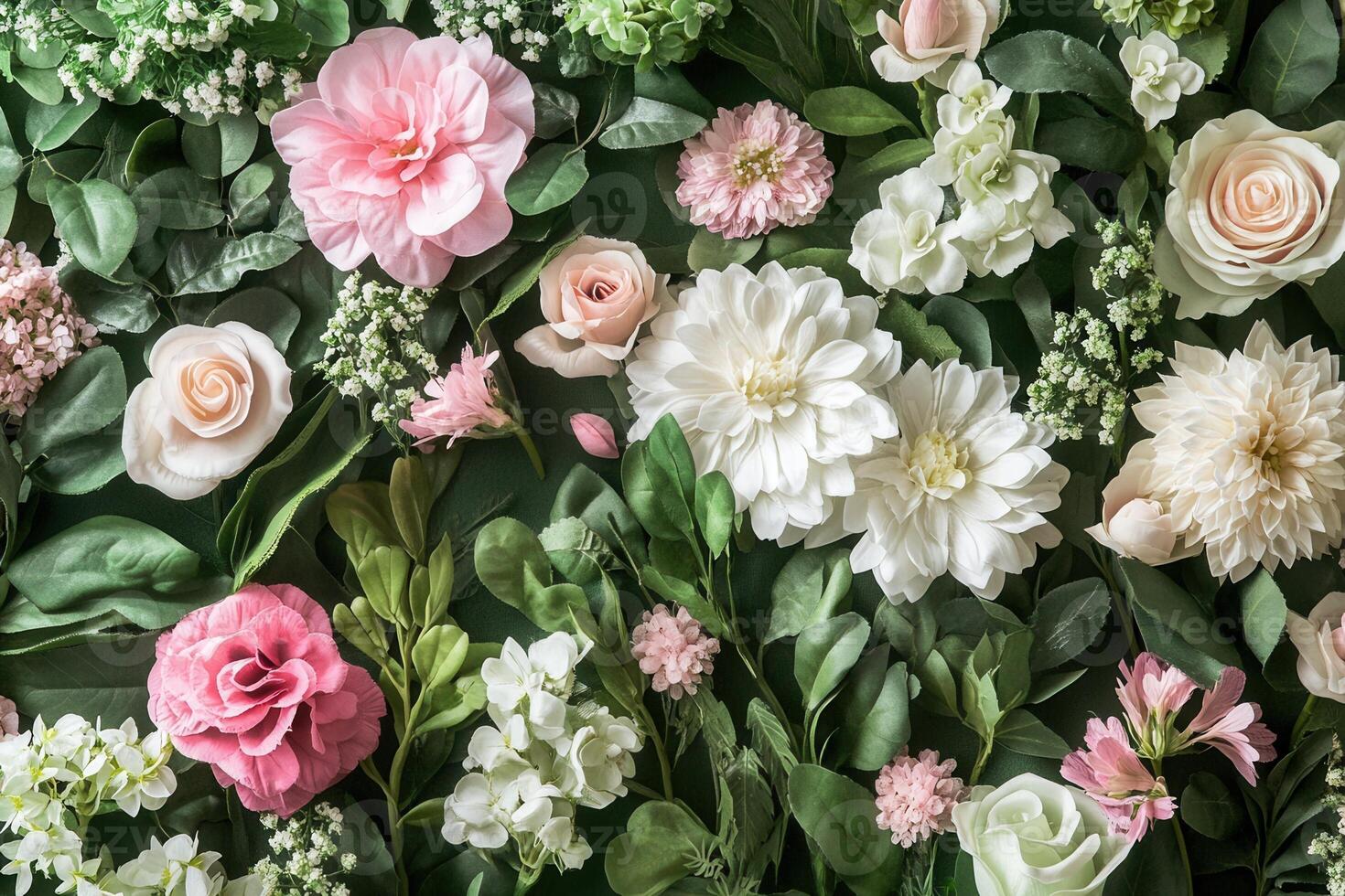 Flat lay of pink and white flowers with green leaves on a green background. photo
