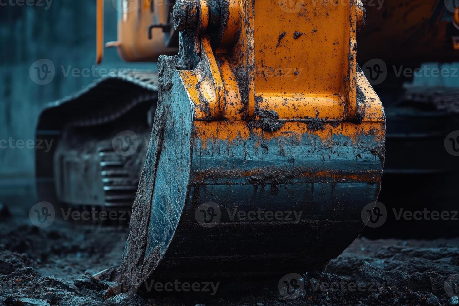 Close-up of a muddy excavator bucket. photo