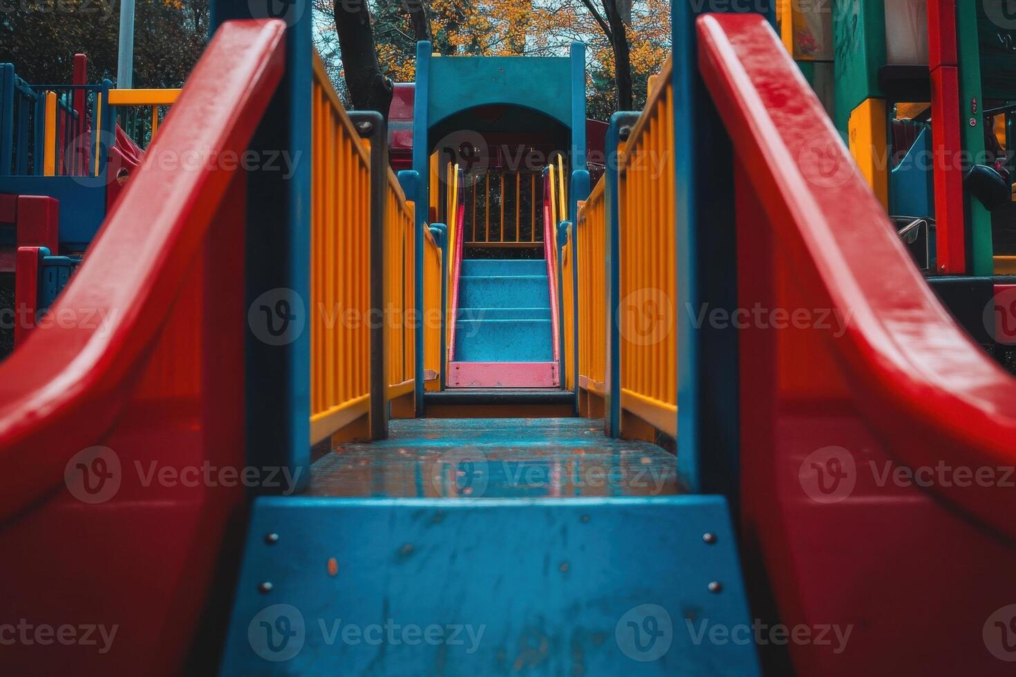 View of a colorful playground slide from the bottom. photo