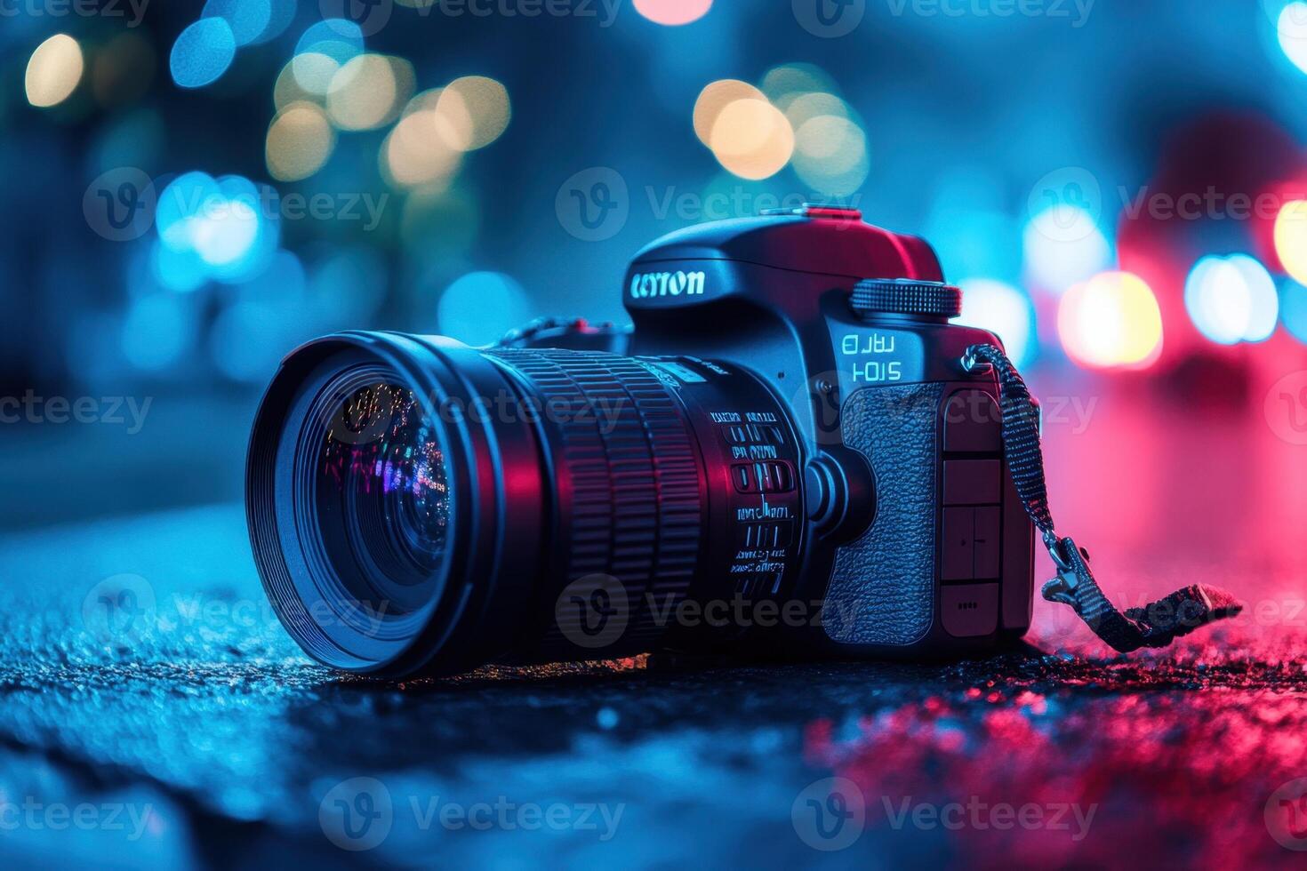 A DSLR camera on a city street at night with blue and red lights reflected in the lens. photo