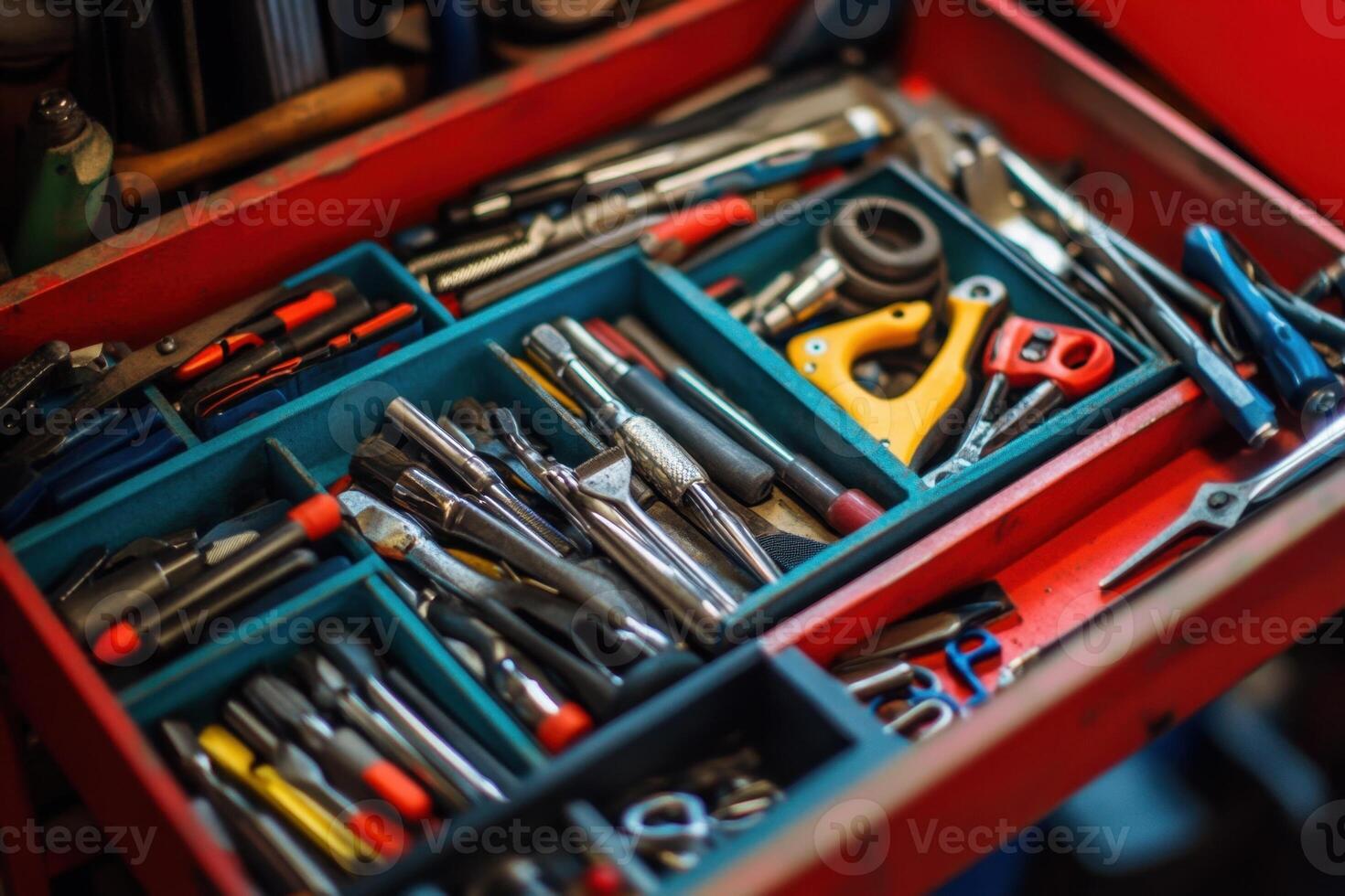 A toolbox drawer filled with an assortment of tools, including screwdrivers, pliers, wrenches, and other tools. photo