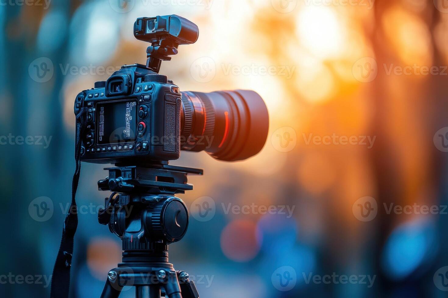 DSLR camera on tripod with sunset background. photo