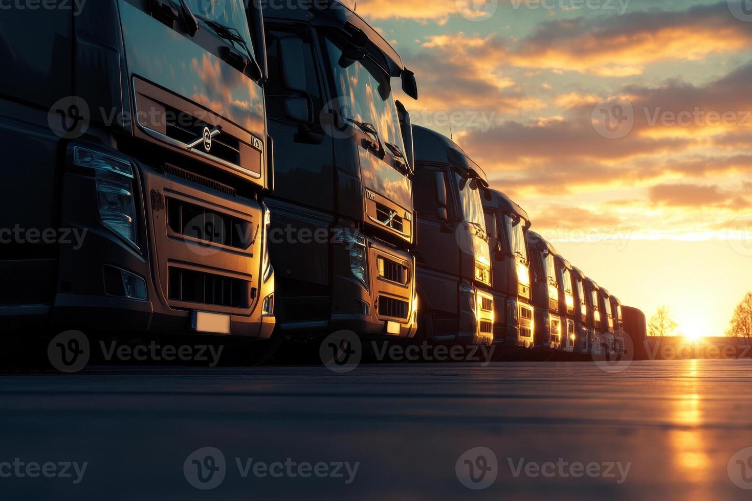 Row of semi trucks parked at sunset. photo