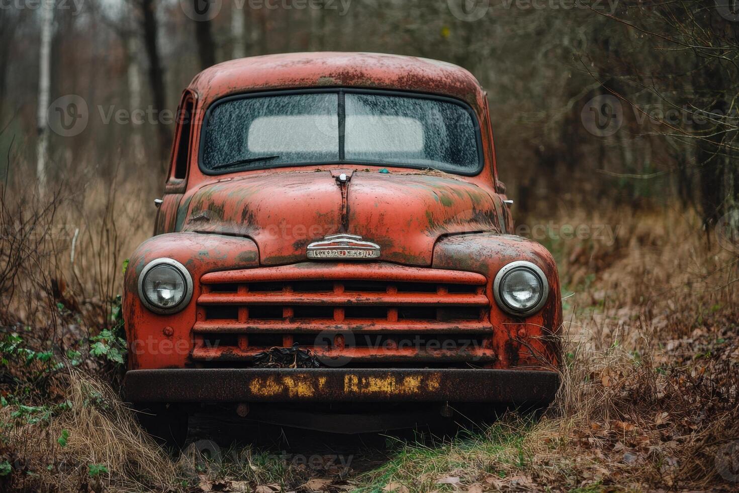 Rusted red vintage pickup truck in the woods. photo