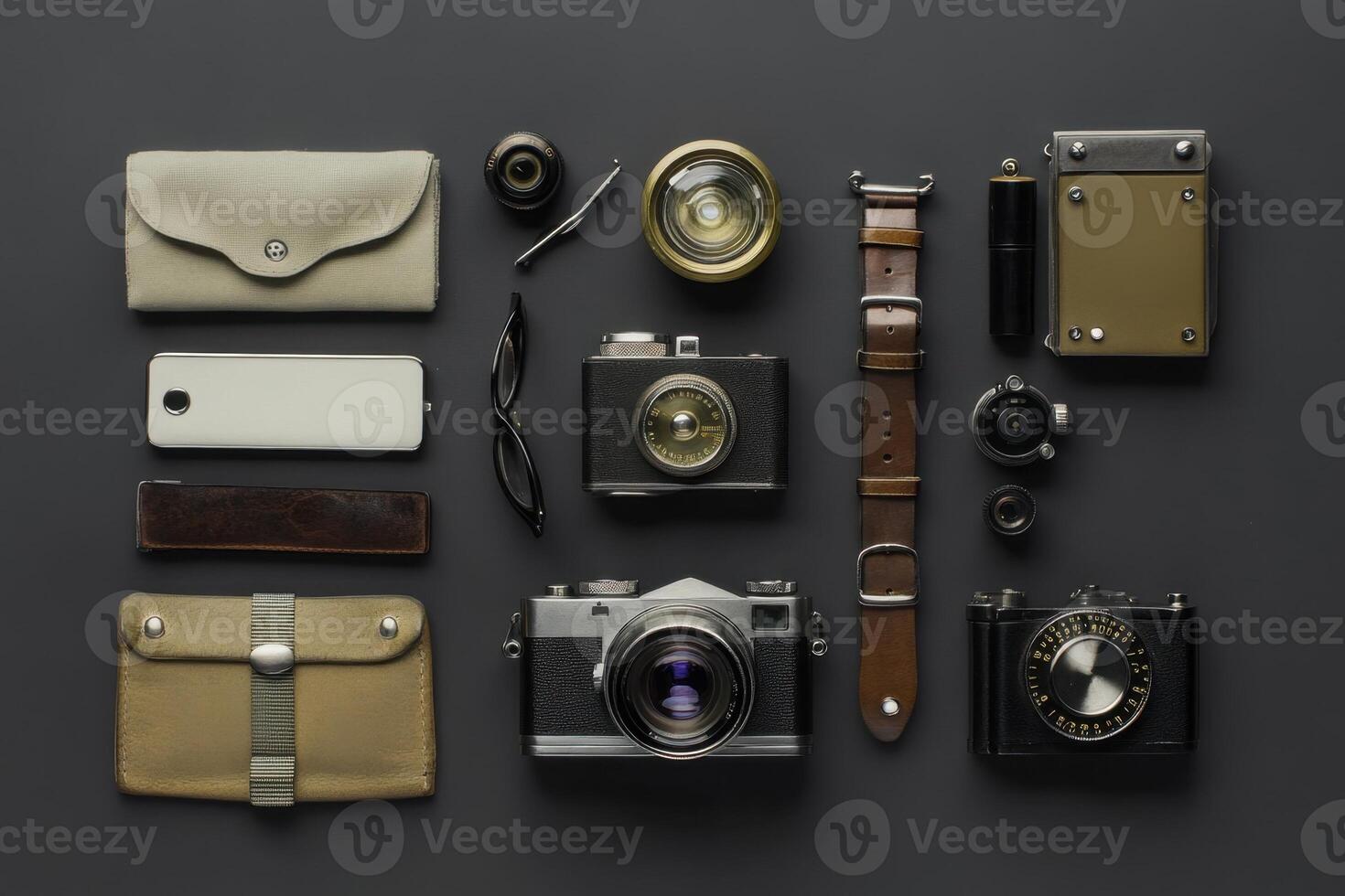 Flat lay of vintage camera, leather wallet, sunglasses, watch, and other accessories on a dark background. photo